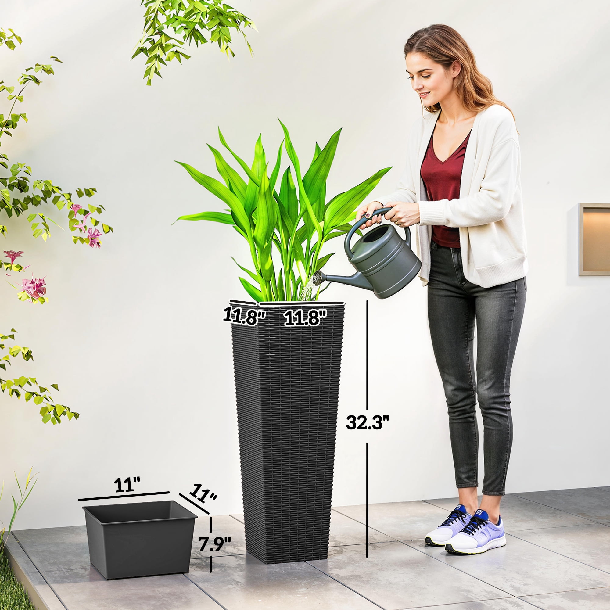 Outsunny 32 Inch Tall Planters for Outdoor Plants, Set of 2 Plastic Flower Pots with Drainage Holes, Black
