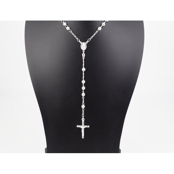 925 Sterling Silver Diamond Cut Italian 5mm Rosary Beads Chain with Cross Necklace 26" Rosario