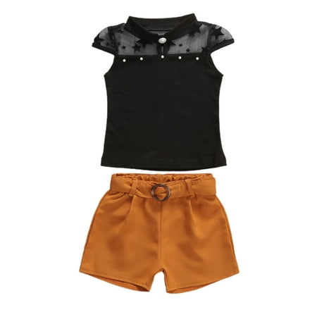 

ZIYIXIN Toddler Baby Girl Clothes Lace Stitching Short Sleeve T-Shirt Top and Shorts Pants with Belt Outfits Black 4-5 Years