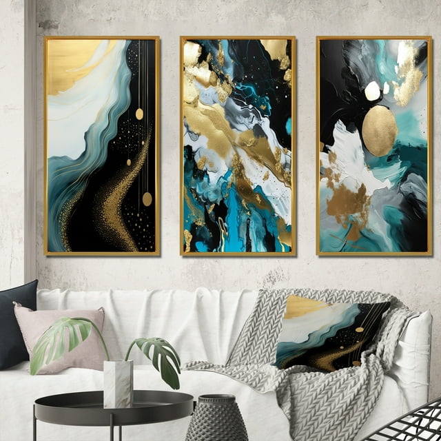 Designart "Essence of Nature Abstract in Gold and Black I" Abstract Painting Framed Wall Art Set Of 3 - Gold Modern Frame Gallery Set For Office Decor
