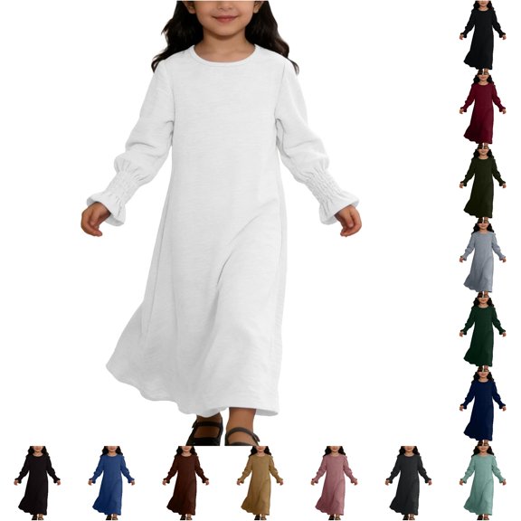 Rggeeun Baby Girls Dresses Solid Color Long Sleeve Crew Neck Loose Plus Size Breathable Flowy Ankle Length for Summer Daily Wear Classic Playwear,White,9-10 Years