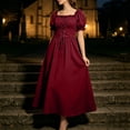 thumbnail image 3 of Women's Renaissance Peasant Dress Short Puff Sleeve Square Neck Lace Up Corset Vintage Medieval Irish Wench Maxi Dress for Halloween Cosplay Festival, 3 of 9