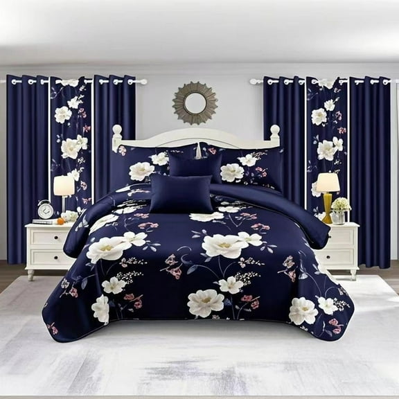 9 Pieces Bedspread Bedding Set with Matching Curtains,Queen Size, Navy Blue and White Flower,Coverlet Quilted Bed Throw,Bedcover,Machine Washable,Gift for Wedding and Fastival