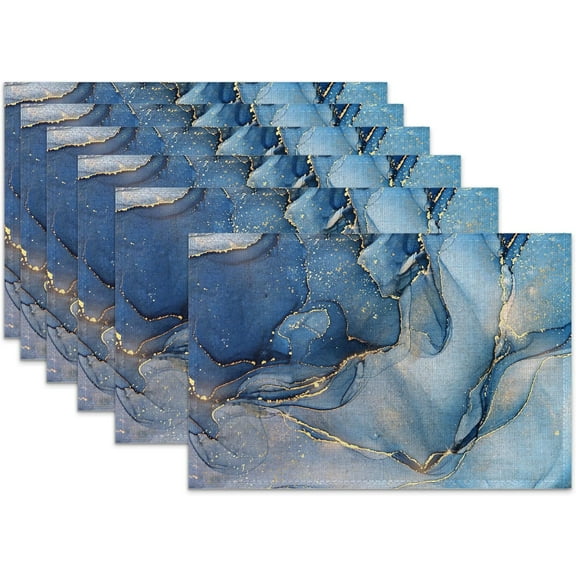 Blue Gold Marble Placemats Set of 6,Abstract Heat Resistant Table Mats Washable Place Mats for Party Kitchen Farmhouse Home Dining Holiday Decor 12x18 Inch