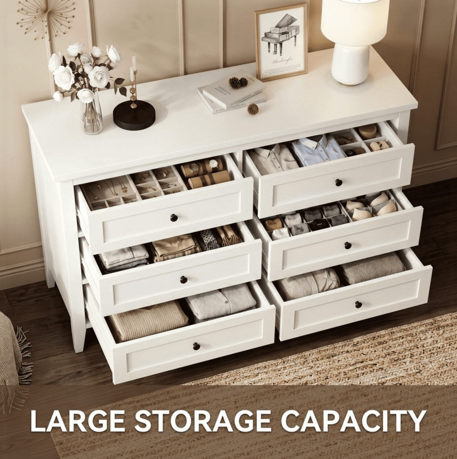 RichYa 6 Drawer Dresser for Bedroom,Chest of Drawers with Metal Knobs,Dresser for Closet,White