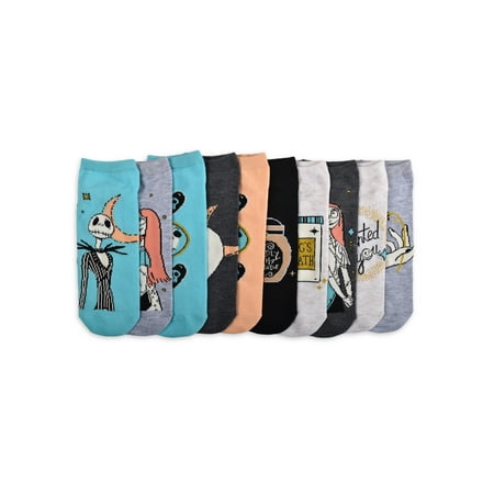 Disney Nightmare Before Christmas Women's Deadly Night Low Cut Socks, 10-Pack, Shoe Sizes 4-10