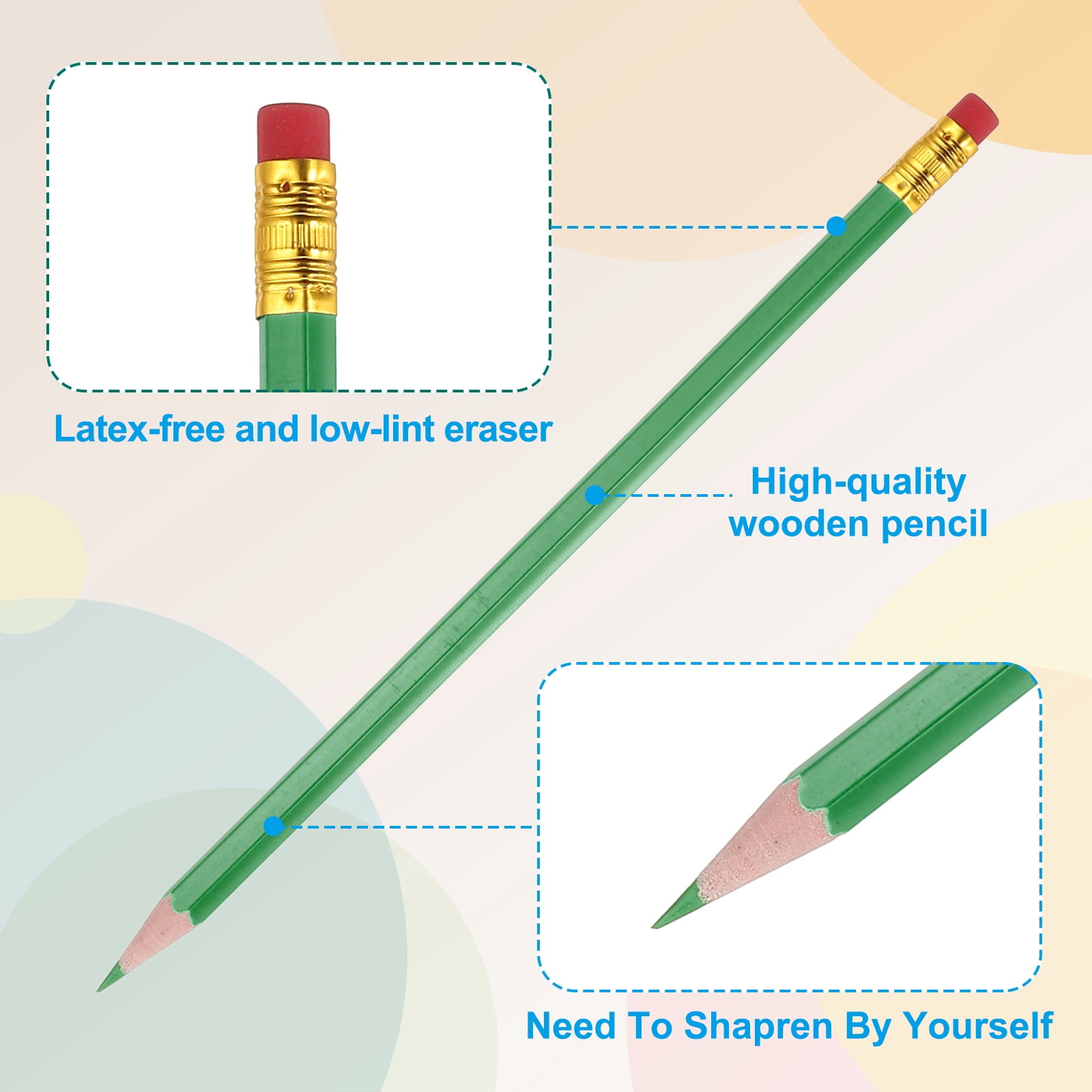 Uxcell Erasable Colored Pencils, 36 Pcs Oil Color Pencils with Erasers Hexagonal Rod Wooden Colored Pencils for Tests Marking Grading Art Painting, Green