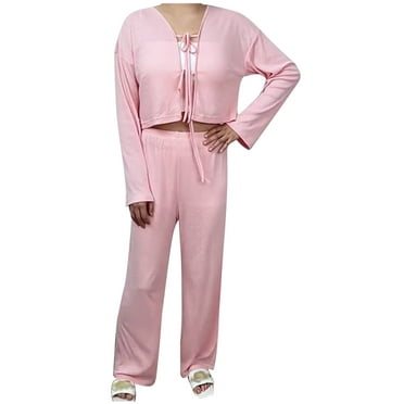 HAPIMO Womens 2 Piece Outfits Long Sleeve Tie Front Cardigan Cropped Tops with Wide Leg Pants Going Out Loungewear Sets Knitted Sweaters Tracksuits Discount Pink M