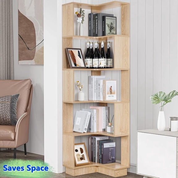 VGBYUJ Corner Bookcase 5-Shelf, Tall L-Shaped Corner Storage Shelf, Wooden Open Display Bookshelves Organizer for Small Spaces, Living Room, Bedroom, Natural