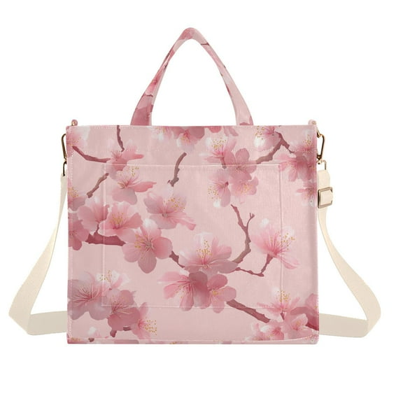 Pink Cherry Blossom Corduroy Tote Bag Handbag Large Messenger Bag Shoulder Crossbody Zipper Bag Purse