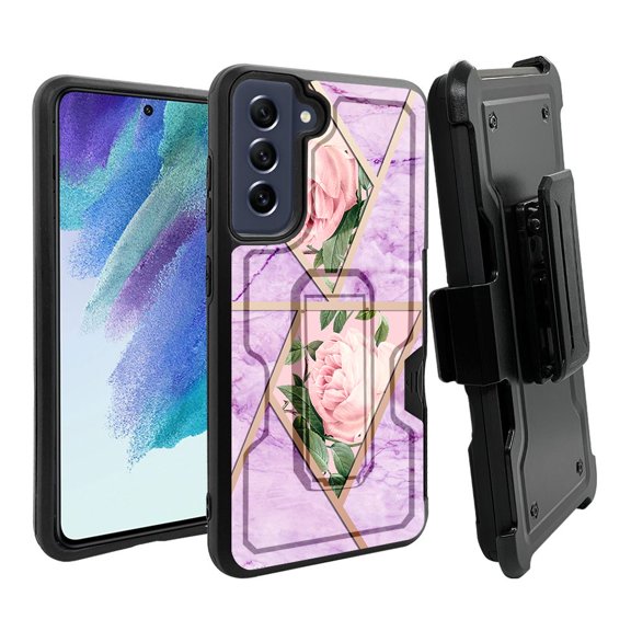ANJ  Rugged Dual Layer Shockproof Holster Case w/Card Slot   Tempered Glass Cover for Samsung Galaxy S21 FE 5G - Purple Marble Roses