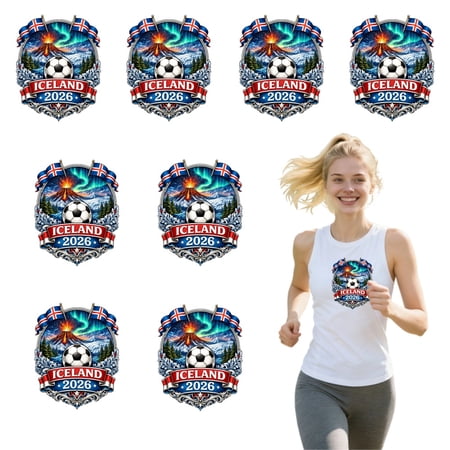 8 large-sized iron-on transfer sheets , DTF Transfer Ready to Press for T-Shirts, Iceland 2026 Football Badge Design, Waterproof Heat Transfer Vinyl for Apparel(28CM-11.02in)
