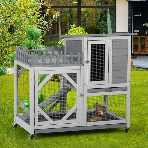 Senbabe Two Floors 38" Wooden Indoor Large Rabbit Hutch Rabbit Cage Indoor Bunny Hutch with Run Outdoor Rabbit House with Two Deeper No Leak Trays - 4 Casters Include