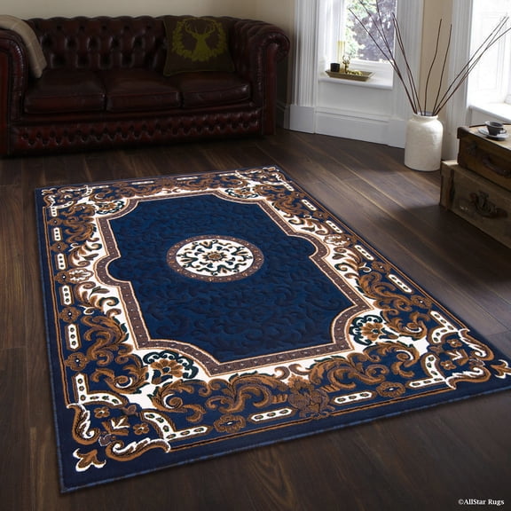 Allstar 5x7 Traditional Area Rug in Blue with Ivory Mandala Tibetan design (5' 2" x 7' 1")