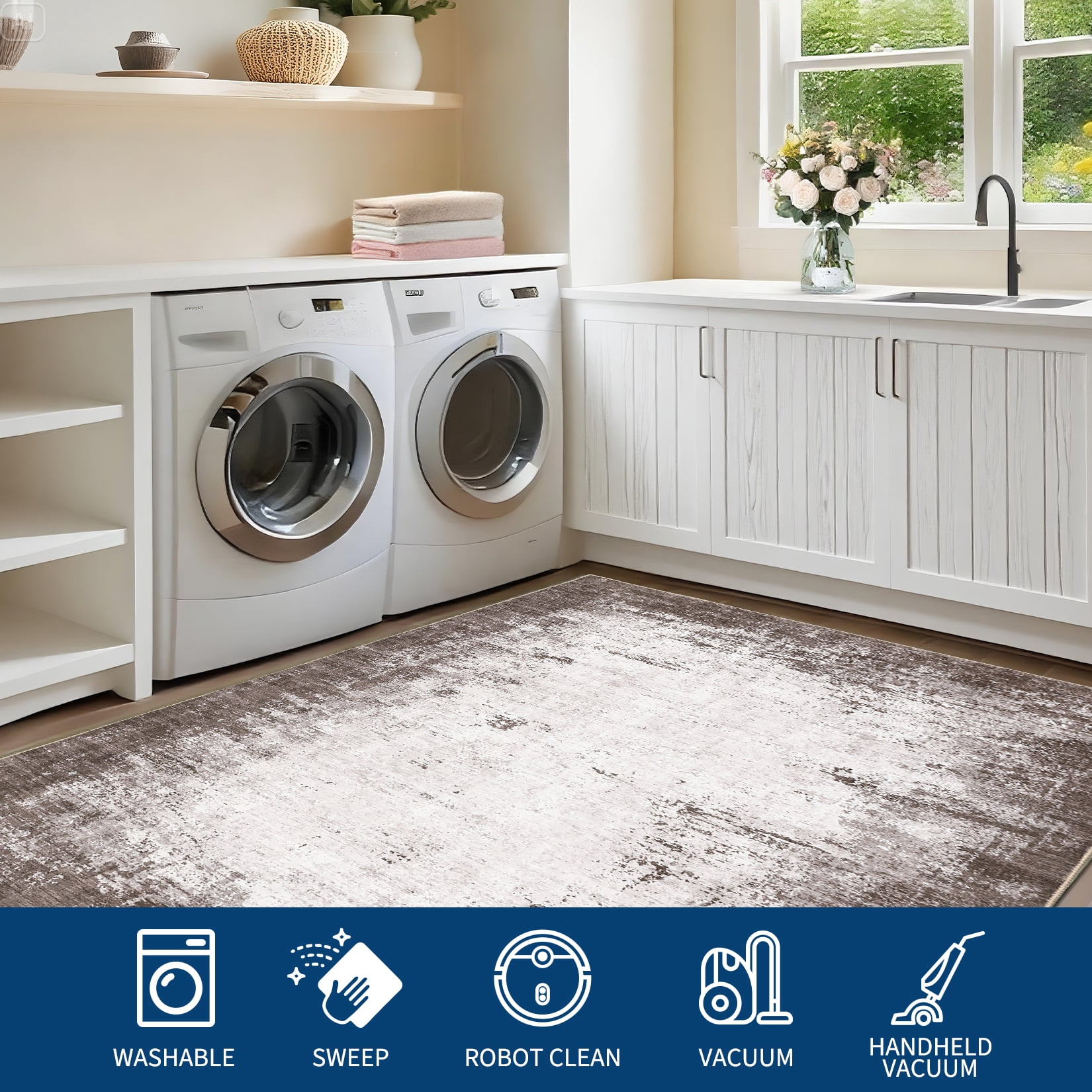 GlowSol 5'x7' Area Rug Washable Contemporary Abstract Rug Soft Non-Slip Low Pile Foldable Rugs for Dining Room Home Office, Brown