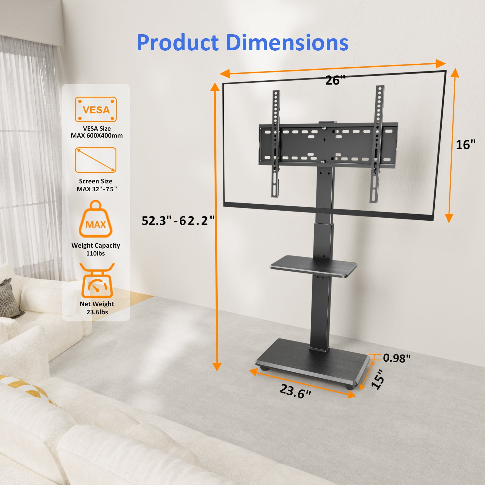 Rolling TV Stand, Mobile TV Cart for 32-75 Inch TVs up to 110 lbs, 18 Adjustable Heights, TV Floor Stand with Swivel Mount & Shelf, Max VESA 600x400mm
