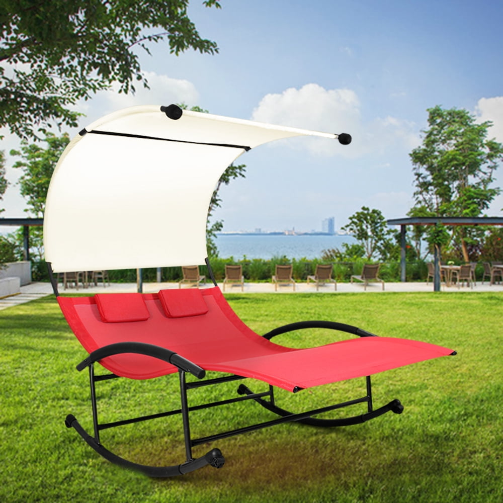 iKayaa Outdoor Double Chaise Rocker W/ Canopy Textilene