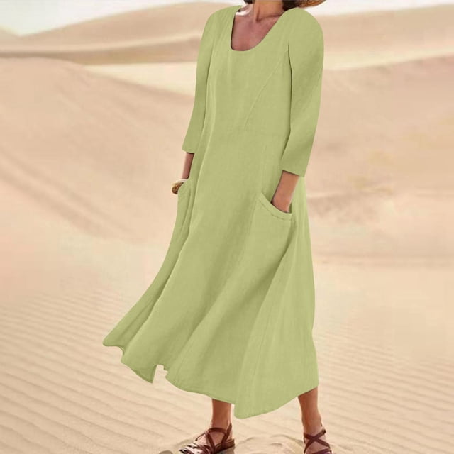 Mejor Belleza Women's cotton linen dresses summer midi dresses with pockets Mejor Belleza Vestido boho;Vestidos largos de playa;Flowy with ruffled hem