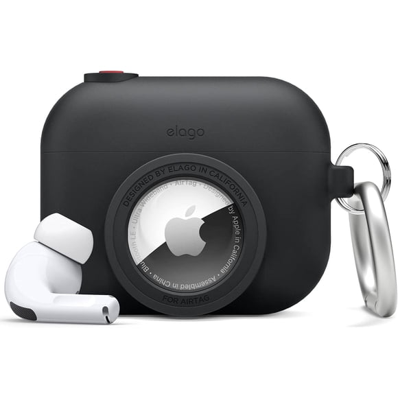 AmPm Snapshot Cover Compatible with Apple AirPods Pro and AirTags - Cute Classic Camera Design, Locator Case, Drop Protection, Carabiner Key Ring Included - Tracking Device Not Included (Stone)