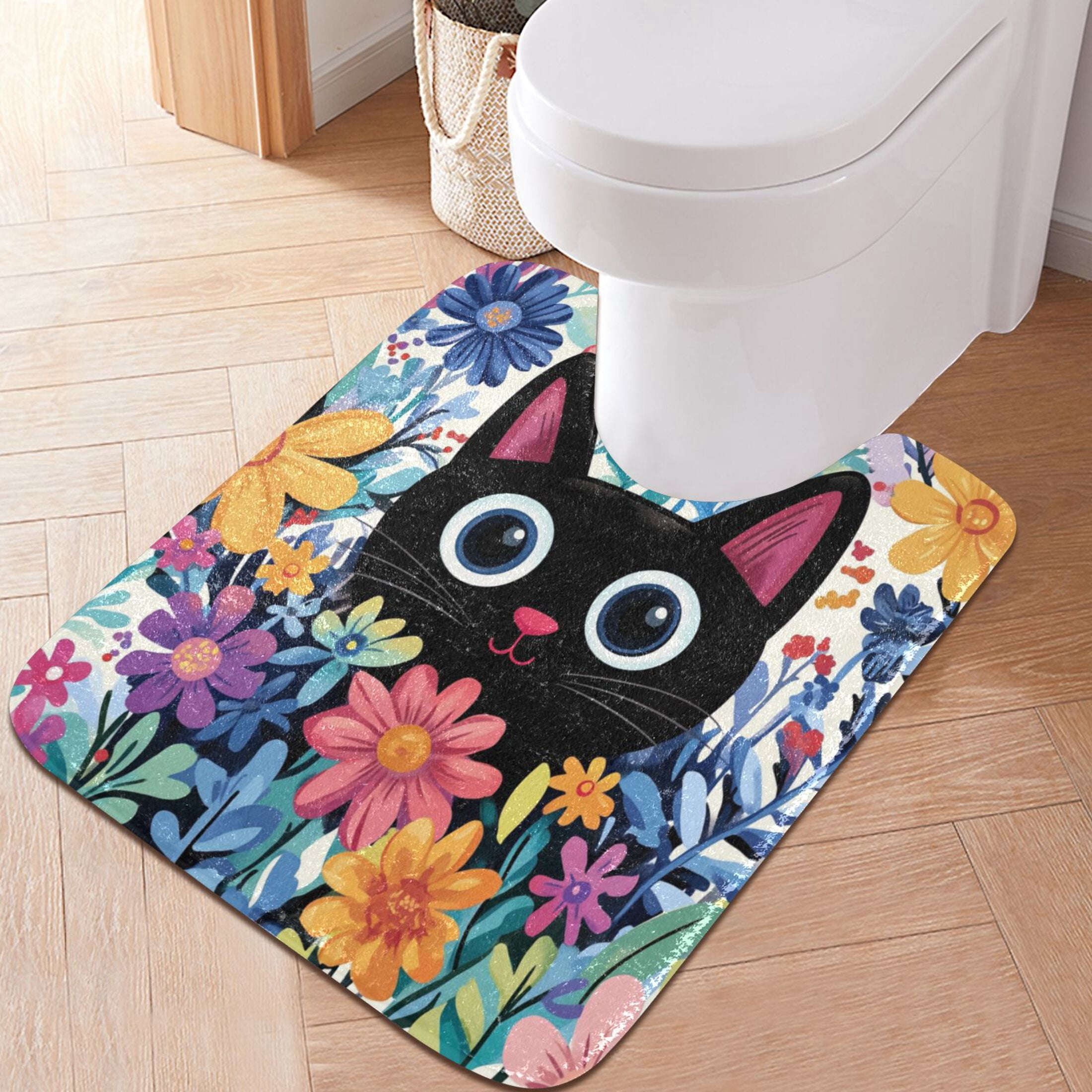 2 Piece Soft Bathroom Rug Set Black Cat in The Flower Bath Mat and U-Shaped Toilet Contour Rug (16"x24"+20"x24")