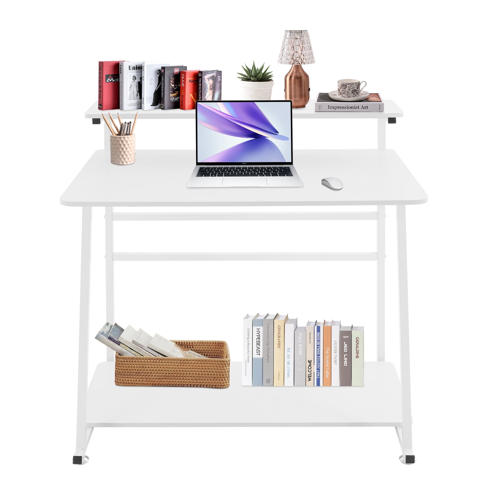 Free Standing Home Office Desk, Rolling 3-Tier Computer Desk (White)