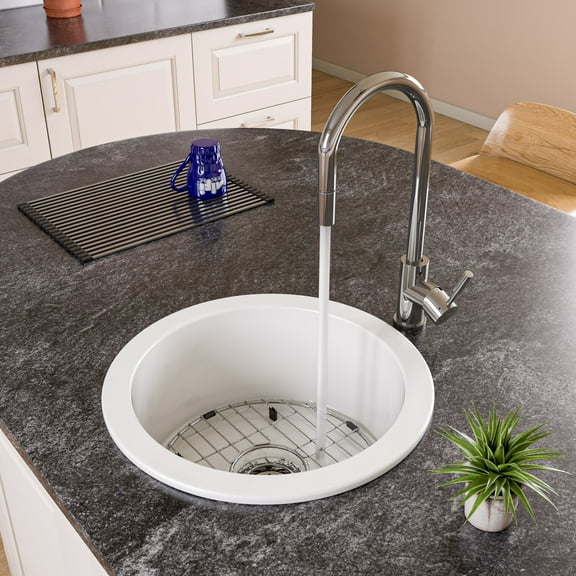ALFI brand ABF1818R-W White Round 18" x 18" Undermount / Drop In Fireclay Prep Sink