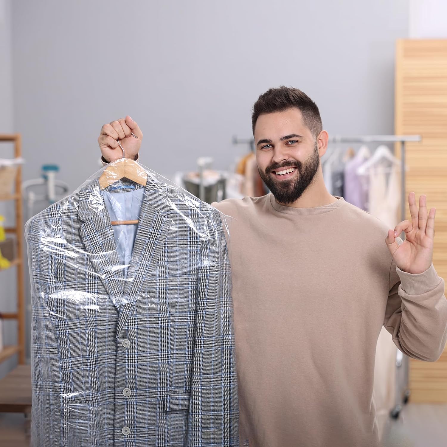 100 Pack Clear Garment Bags for Hanging Clothes, Dry Cleaner Bags, Plastic Garment Bags, Dry Cleaning Bags, Clear Plastic Bags for Clothes Cover, for Dry Cleaner Closet Storage Travel, 60x90cm