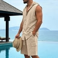 thumbnail image 4 of HBGVBA Mens Summer Set Solid Color Loose Linen Pocket Elastic Waist Shorts Button Hooded Tank Top Shirt 2 Piece Beach Set, 4 of 5