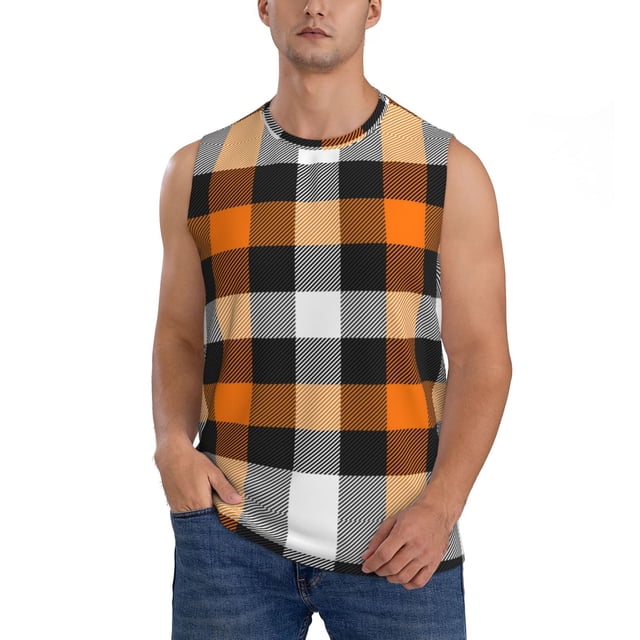 Bingfone Orange Plaid Pattern Men's Tank Tops Workout Sleeveless Tee Shirts Running Beach Tanks for Men-XX-Large