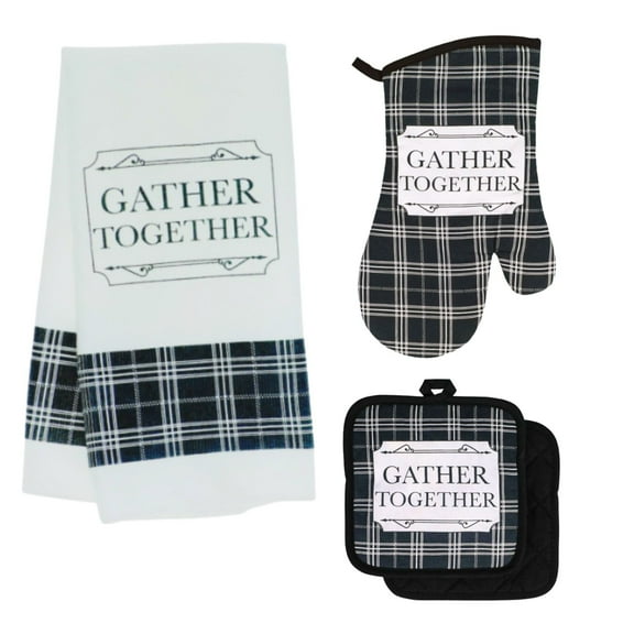 Rustic Charm Black and White Buffalo Check Gather Together Kitchen Linen 4Pc Set, Oven Mitt Pot Holders Drying Towel Autumn Fall Home Culinary Collection Welcoming Gift Decor