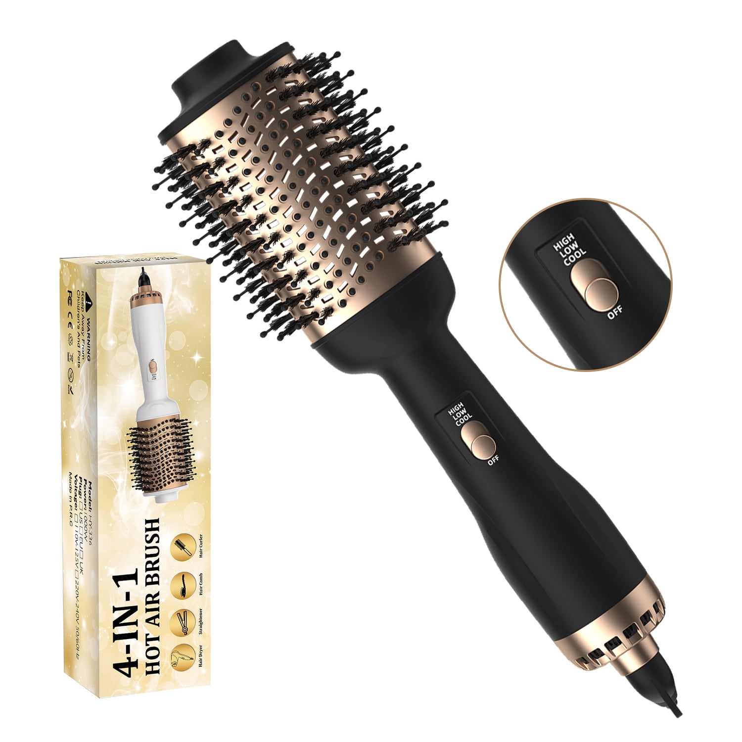 Behome Hair Dryer Brush, 4-in-1 Blow Dryer Brush with Oval Ceramic Barrel,Hot Air Brush for Fast Styling,Frizz-Free,Voluminous Blowouts, Gold Black