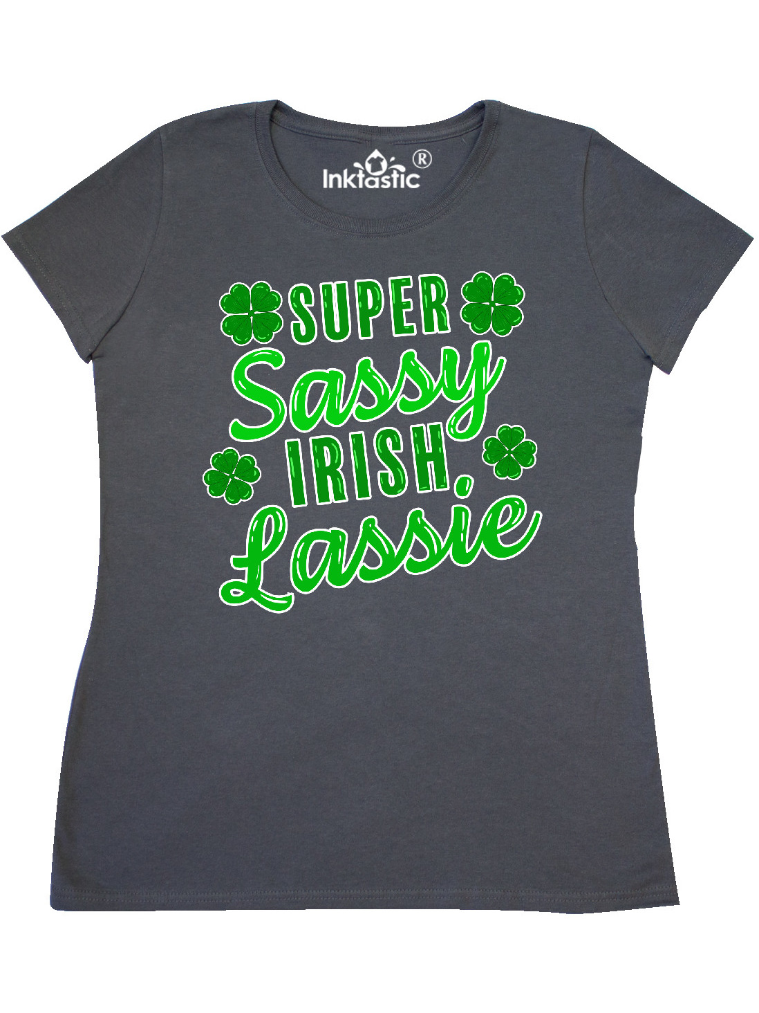 Inktastic  super sassy irish lassy with green 4 leaf clovers womens t