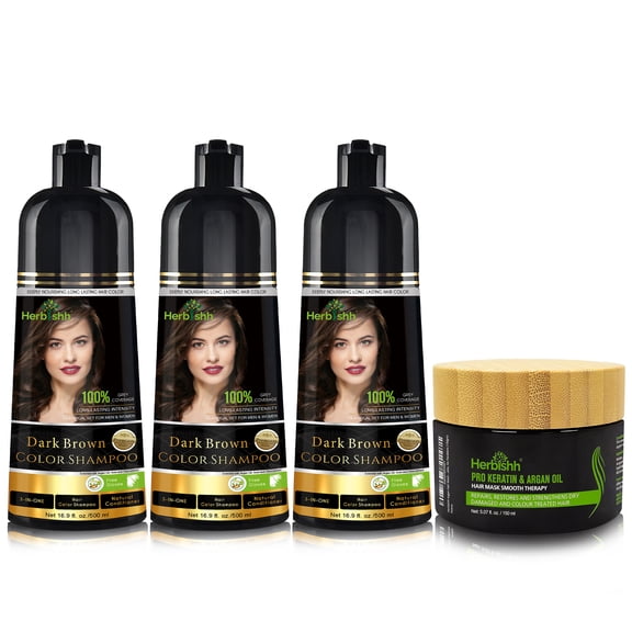 Herbishh Ultimate 3pcs Hair Color Shampoo Dye +1 Argan Hair Mask, Smooth and Long Lasting for Grey Hair Men & Women Easy & Quick to Use-Combo4 (Dark Brown)