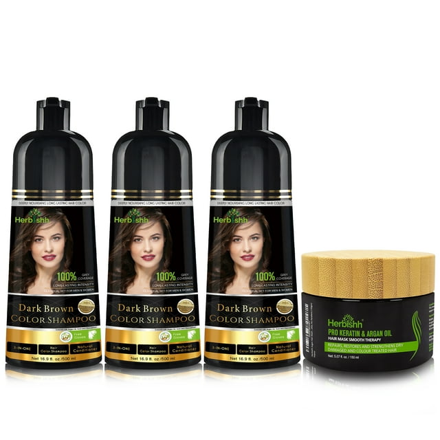 Herbishh Ultimate 3pcs Hair Color Shampoo Dye +1 Argan Hair Mask, Smooth and Long Lasting for Grey Hair Men & Women Easy & Quick to Use-Combo4 (Dark Brown)