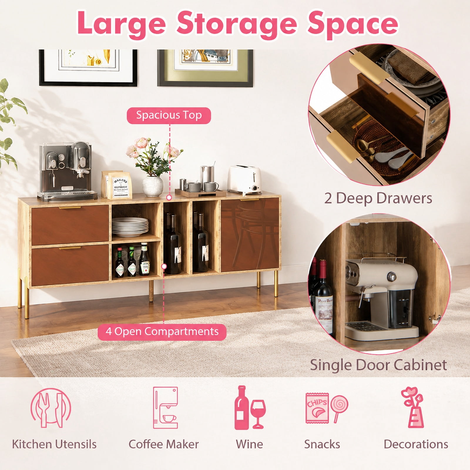 Furnibear Mirrored Buffet Cabinet with 2 Drawers and 1 Door for Living Room for Kitchen Dining Living Room Buffet Storage Server, Natural