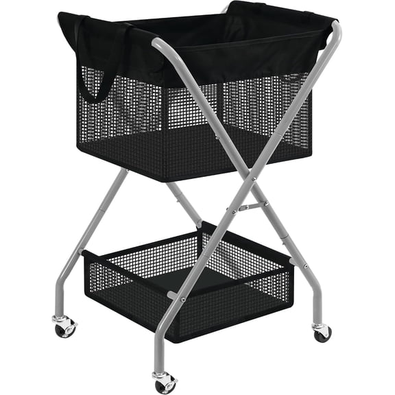 2-Tier Foldable Laundry Cart with Wheels, 75L Tall Rolling Laundry Hamper, Collapsible Laundry Basket with Removable Bag, Rust-Resistant Steel Frame for Laundry Room, Bathroom, Dorm, Black