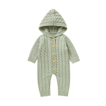 

Rovga Girl Clothes Long Sleeve Newborn Infant Baby Solid Color Button Down Knitted Romper Outfits Hooded Sweater Jumpsuit Overalls Playsuit Outerwear Adorable Holiday Wear Green 0-3 Months