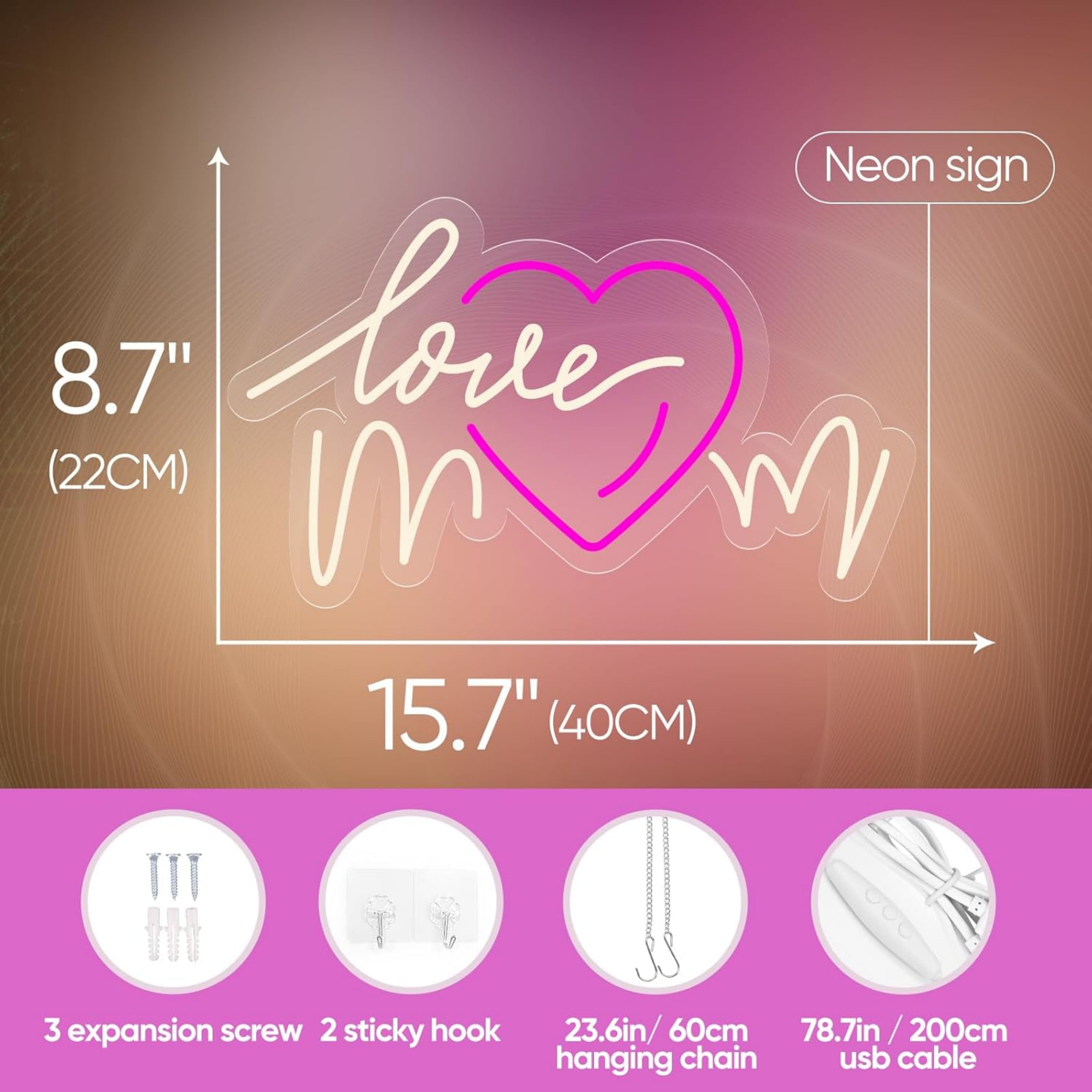 UPONRAY Love Mom Neon Signs, 15.7"*8.7" Dimmable & USB-Powered LED Neon Light, Stylish Wall Decor as gifts for Mother's Day, Mother's Birthday