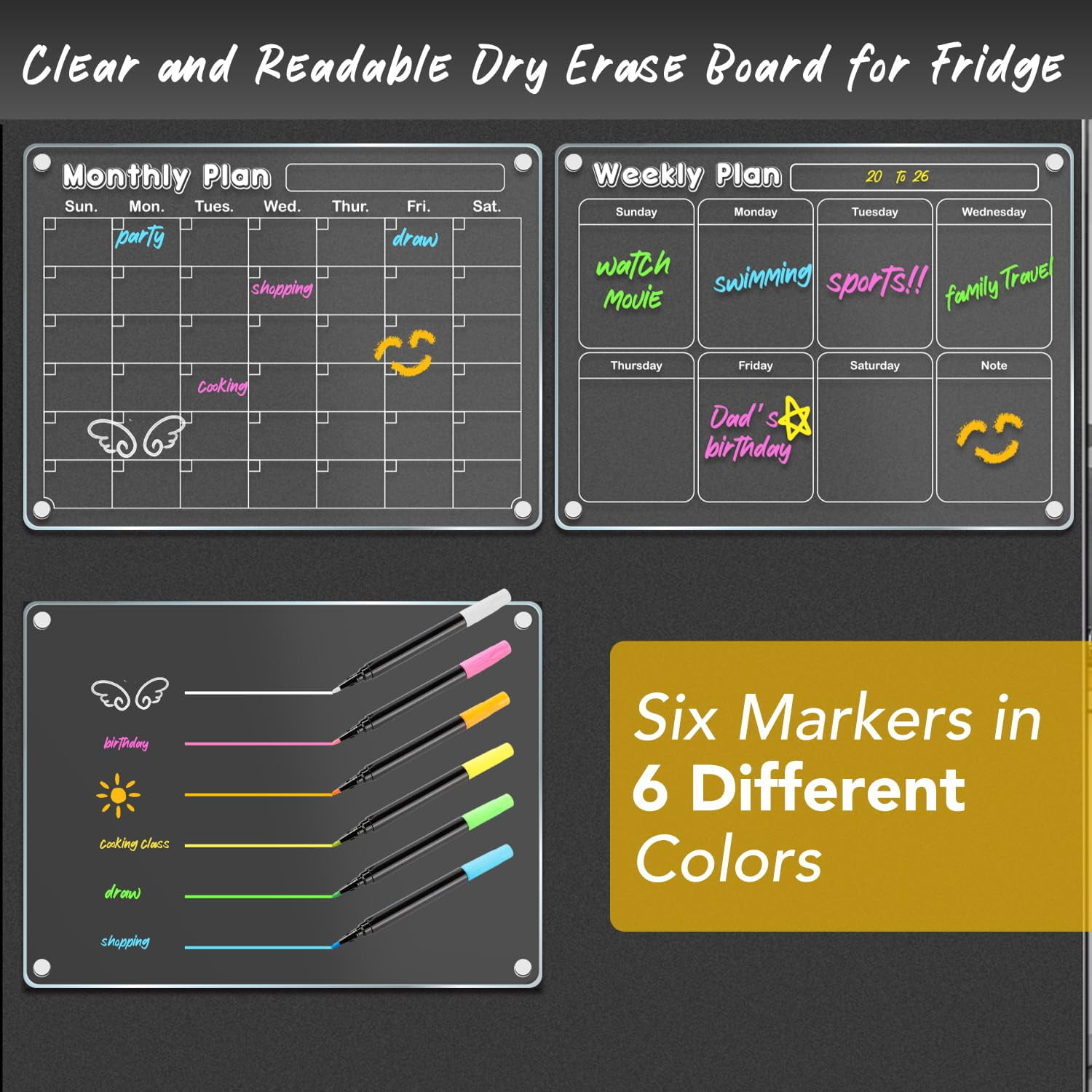 DIYMAG Magnetic Calendar for Refrigerator, 3 Pack Magnetic Planning Board for Fridge,  Acrylic Dry Erase Whiteboard with 6 Highlight  (Clear)