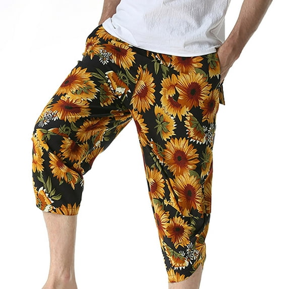 Lilgiuy Men Casual Fashion Floral Printing Mid Waist Capris Pants Harlan Pants Vintage Style Regular Fit Versatile Pants