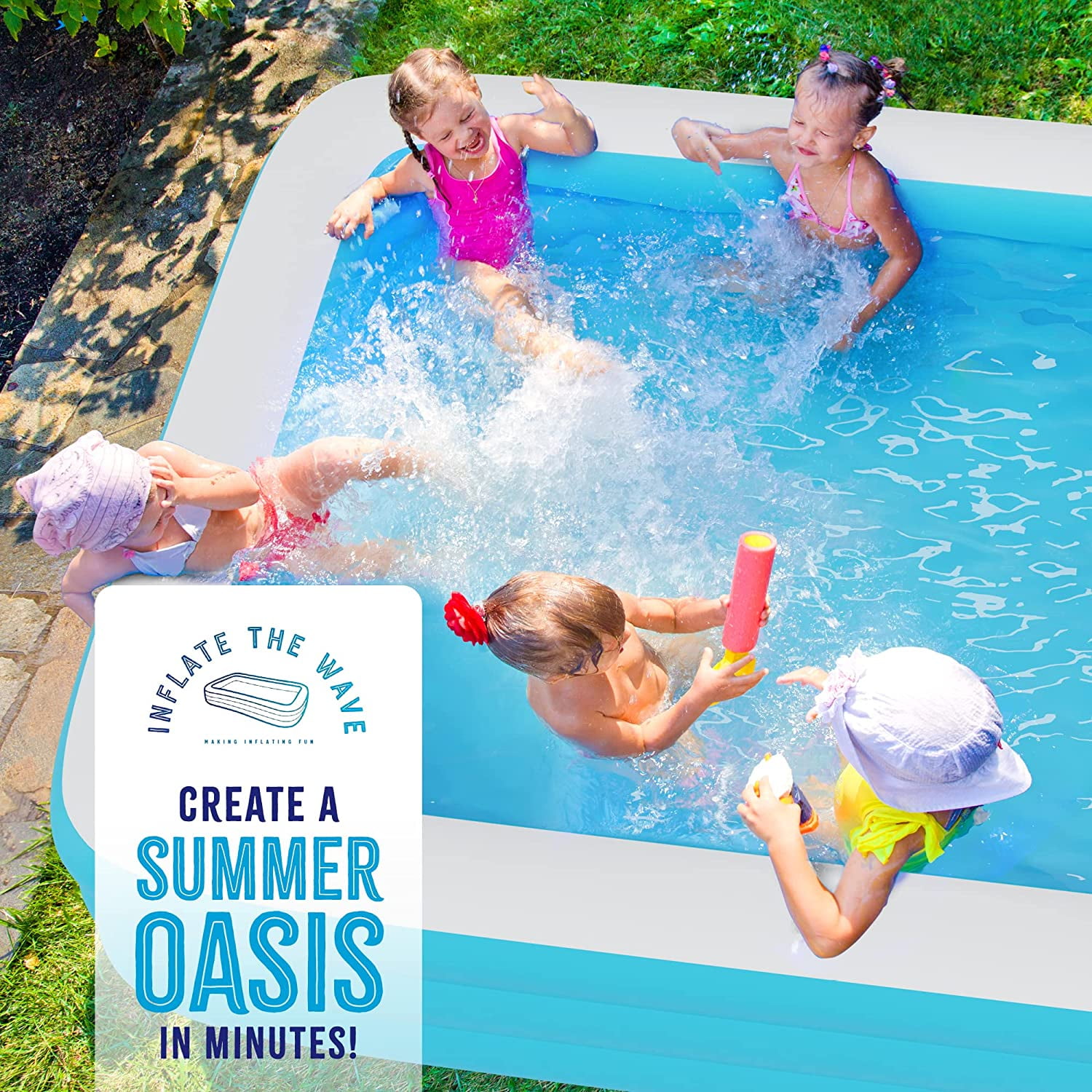 Inflatable Swimming Pool with Built-in Air Pump (Pink, Medium - 82.6" x 59" x 23.6") - for Kids & Adults - Self Inflating Blow Up - Family & Kiddie Pool
