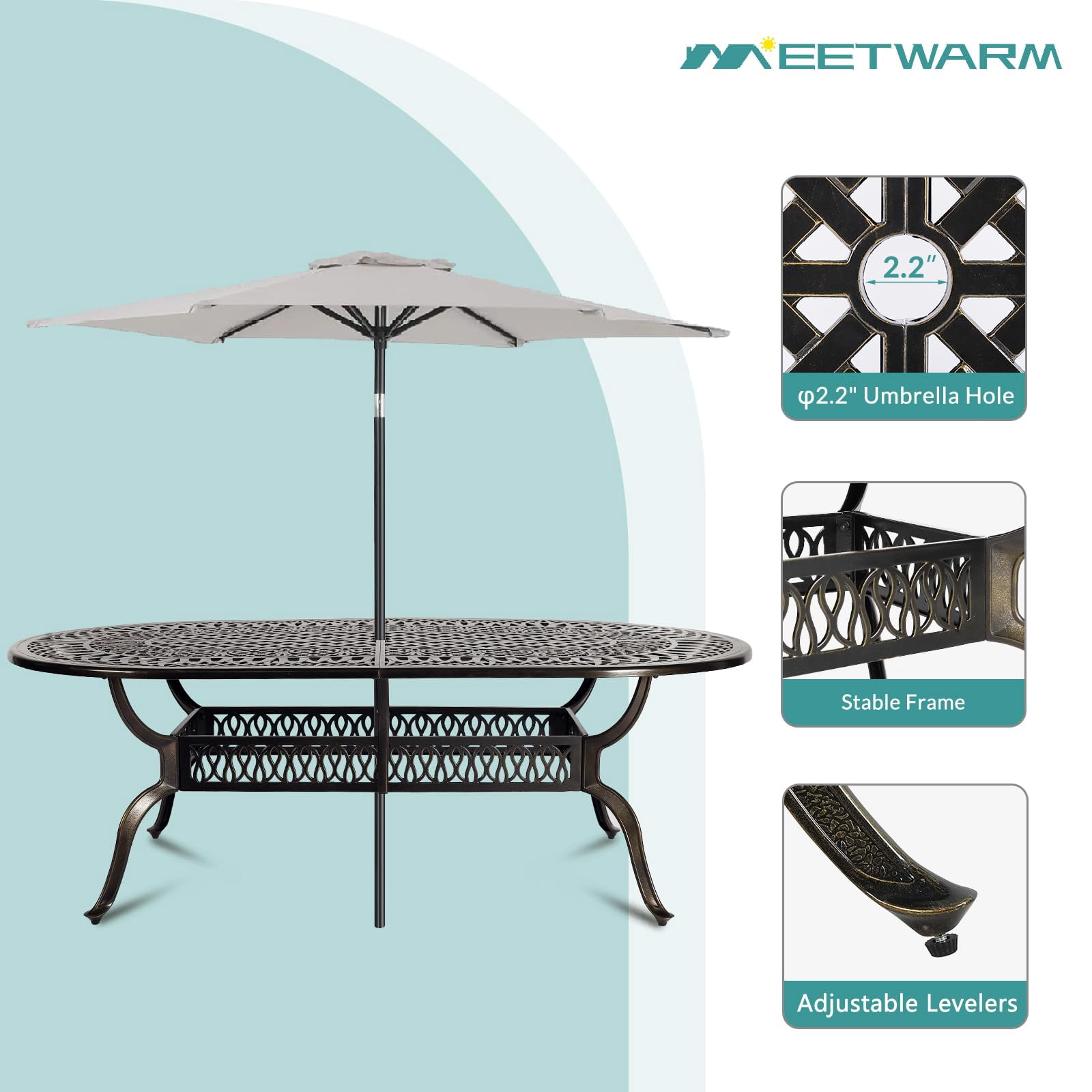 MEETWARM 9-Piece Outdoor Furniture Dining Set, All Weather Cast Aluminum Patio Garden Set with 8 Chairs, 8 Cushions, 1 Oval Table, 2.2" Umbrella Hole, Dark Bronze, Navy Blue