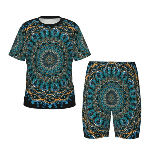 Fotbe Mandala Pijama Estampada de 2 Piezas para Niños – Ropa de Dormir de Manga Corta Cómoda para Niños y Niñas, Camiseta y Shorts de Algodón-Small