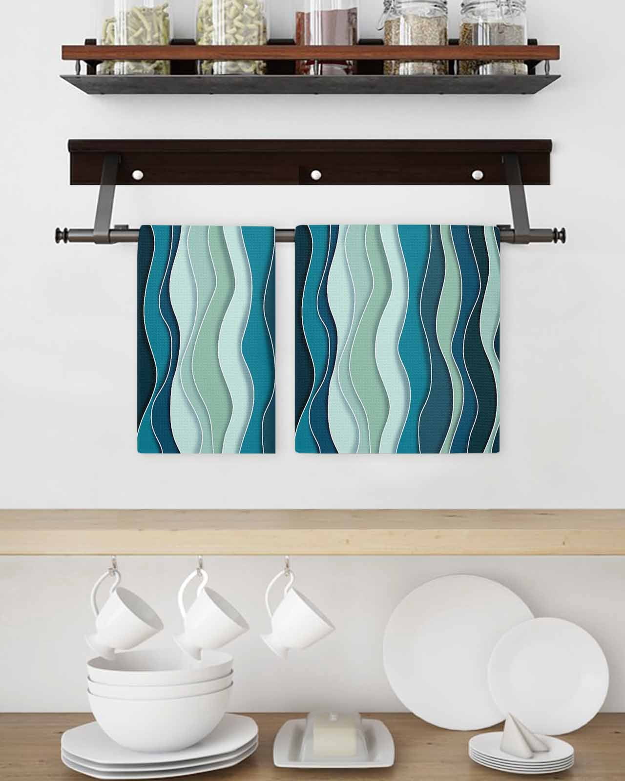 Teal Ombre Kitchen Dish Towels for Drying Dishes Set of 3, Abstract Art Moire Ocean Waves Waffle Weave Microfiber Terry Hand Tea Bathroom Towels Quick Dry & Absorbent Towel 15.7x23.6