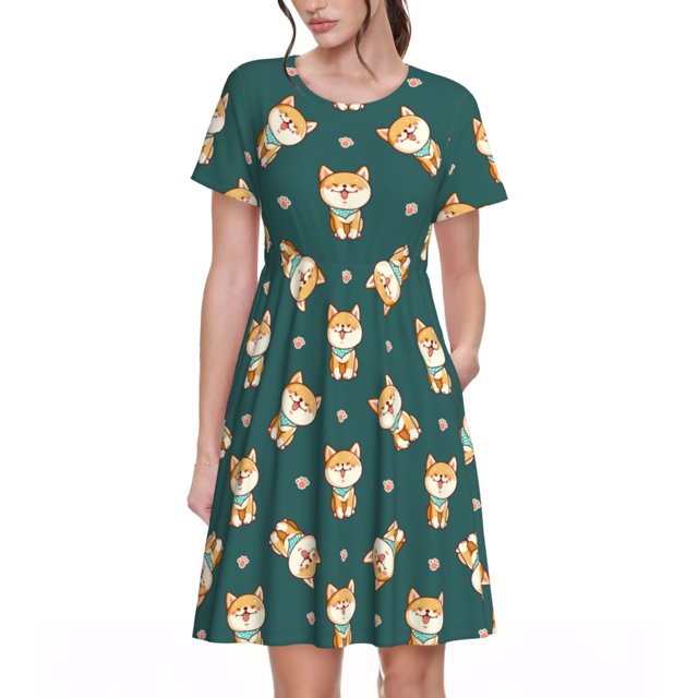 Easygdp Cute Shiba para Vestido Transpirable de Mujer, Vestido Suelto de Manga Corta con Pliegues y Bolsillos para el Verano