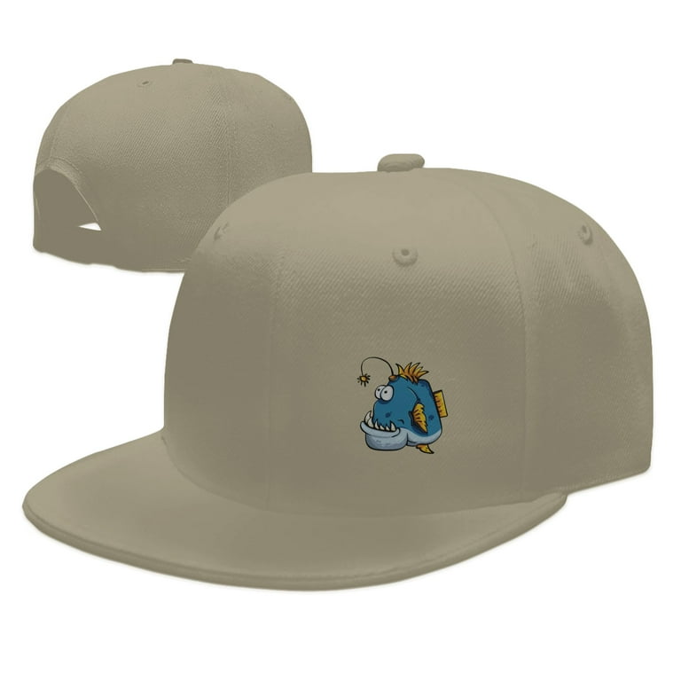 DouZhe Flat Brim Cap Snapback Hat, Cartoon Fish Angler Prints Adjustable  Yellow Adult Baseball Cap 