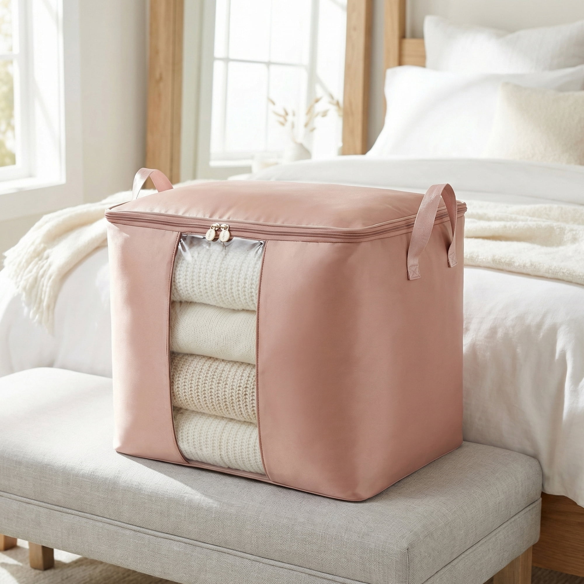 Unique Bargains Storage Bag for Closet Organizers with Handles Pink 15"x11.8"x11.8"