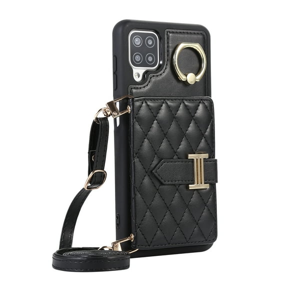 Dteck Wallet Crossbody for Samsung Galaxy A12 Case with Lanyard Wrist Strap Credit Card Holder, PU Leather Protective Phone Case with Ring Holder,Black