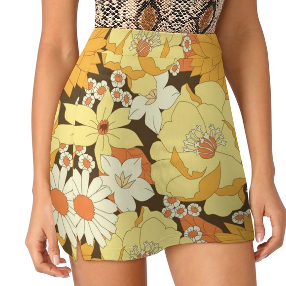 Yellow Orange And Brown Vintage Floral Pattern Korean Fashion Skirt Summer Skirts For Women Light Proof Trouser Skirt Yellow