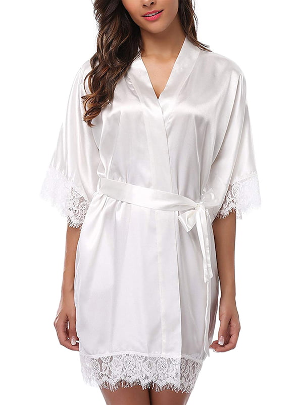 Women's Satin Lace Trim Short Wrap Robe Short Sleeves Sleepwear ...